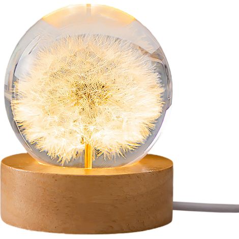 Boule Cristal Lumière LED avec Fleurs de Pissenlit en Préservation pour Chambre - Lampe de Chevet Design Bois et USB - Cadre Lumineux 6cm - Cadeau Noël Anniversaire (1/2)