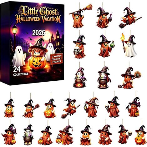 Halloween-Adventskalender 2026 – 24-teilig – orangebraun – Acryl – 8 cm flache Hängeornamente – kleines Geister- und Hexenmotiv – Hängedekoration – geeignet für Halloween-Partys und als Innendekoratio (1/5)