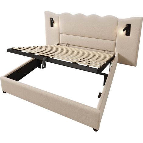 Letto contenitore matrimoniale 180x200 con luce da lettura e USB-C, beige lino (1/5)