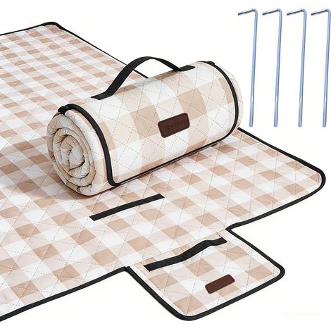 Wasserdichte Picknickdecke 200x200cm, faltbar, Gingham-Muster, hellbraun (1/5)