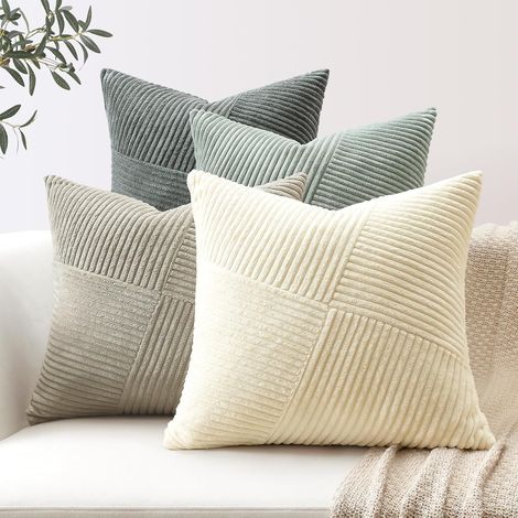 Lot de 4 Housse de Coussin 55x55 cm en Velours Côtelé, Housse Coussins Bohème Patchwork à Rayures Pinwheel Doux Taies d'oreiller Décoratives pour Lit Canapé Chambre Salon, Gris Neutre (1/5)