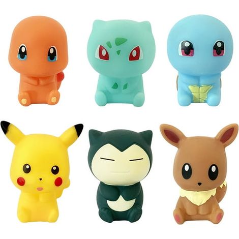 Lot de 6 jouets aquatiques Pokémon Pikachu (5-6 cm) avec couineurs et flotteurs, inspirés des personnages d'Évoli, Ronflex, Salamèche, Carapuce et Bulbizarre. Pour garçons et filles. (1/4)
