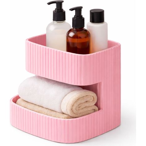 Mobiletto da bagno moderno a due livelli, di colore rosa. (1/3)