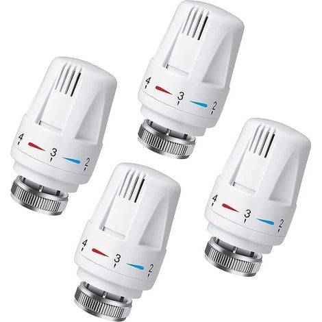 Set mit 4 angeschlossenen Thermostatköpfen, Thermostatventil-Zubehör, Heizkörper-Thermostatkopf, Heizkörperventil-Ersatzkopf für Thermostat M30 x 1,5 weiß