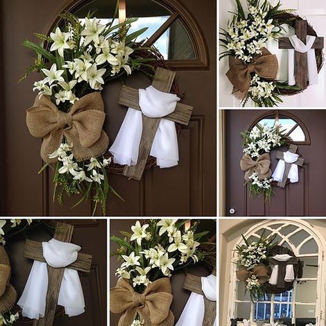 Guirlande De Pâques - Guirlande En Vigne Rustique Avec Croix Et Ruban - Décoration Pour Porte D'Entrée Mur Clôture De Jardin - 35 Cm - 1 Pièce (1/5)