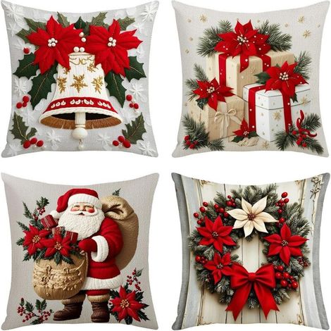 Housses de coussin de Noël, lot de 4, taie d'oreiller à rayures 45 x 45 cm, housse de coussin d'hiver pour canapé, décoration de ferme (Noël)