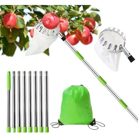 Recolector de manzanas con mango telescópico, 4 m, con 10 varillas telescópicas ligeras de acero inoxidable y 1 bolsa de algodón, ideal para cosechar manzanas, cítricos y peras.