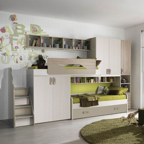 Cameretta soppalco con 3 letti Milly talco verde e brown