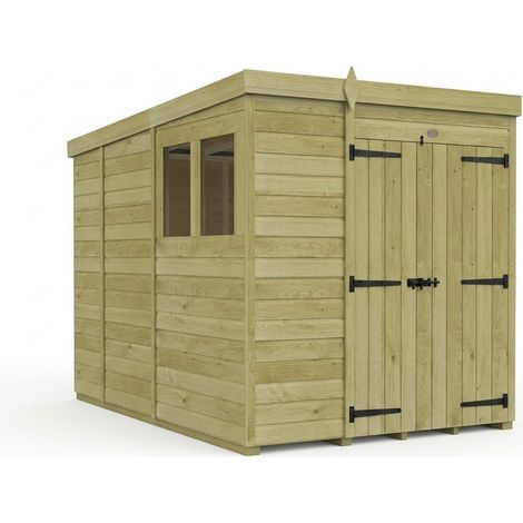 6ft x 9ft Pent Garden Shed Double Door With Windows - Pressure Treated Timber - L183 x W274 x H210 cm - Natural