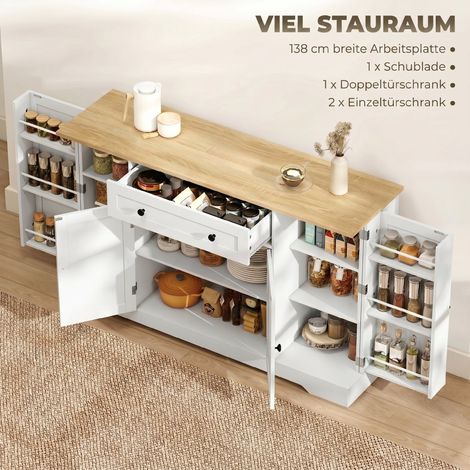 Buffet armoire cuisine 4 portes, tiroir, étagères réglables, rangements porte pour salle à manger, 138x40x85cm, Blanc (1/5)