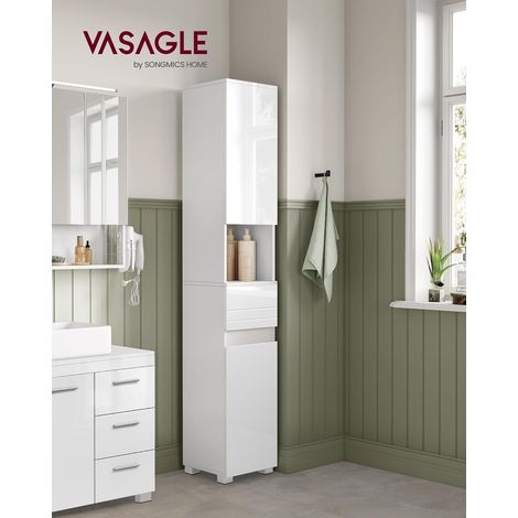 VASAGLE Mobile da Bagno, Mobiletto da Bagno Salvaspazio, Armadietto da Bagno a Colonna, con Cassetto, Ripiano, Scomparti con Anta, Ripiani Regolabili, 30 x 30 x 170 cm, Bianco (1/8)