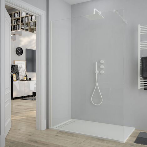 Transparenter Duschwand aus festem Glas – Glasstärke 8 mm – Höhe 200 cm – inklusive Kalkschutz – mattweißes Aluminiumprofil (140 cm) (1/4)