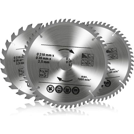 Set mit 3 Hartmetall-Kreissägeblättern, 24T 48T 60T TCT Sah für Holz, Metall und Aluminium (210 x 30 mm) (1/5)