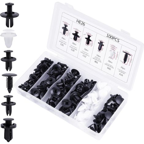 100 Pièces Rivet Clips Plastique Clips d'Aile en Plastique Universels Clips Voiture Attaches de Pare Chocs Clips à Rivets Kit de Remplacement Vis d'Expansion avec Attache Remover Outils (1/5)