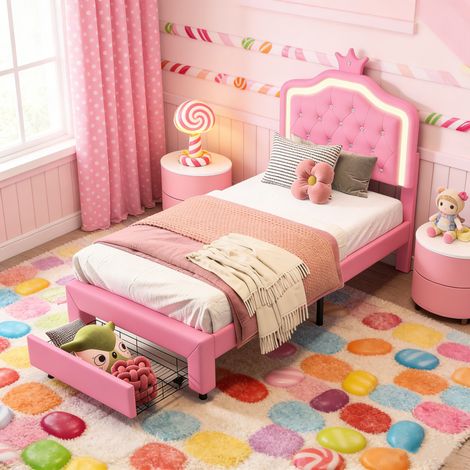 Lit Enfants 90x200 cm, lit Fille avec tête de lit réglable, LED lit Princesse avec tiroirs, Lits 1 Personnes pour Fille Adolescent, PU, sans Matelas, Rose