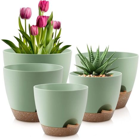 Ensemble de 5 pots, pot plastique, système arrosage automatique, trou drainage, bec verseur, intérieur extérieur (1/4)