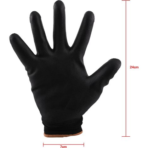 Gants en nylon antistatiques à paume enduite de PU avec bordure marron, noirs, 12 paires/douzaine