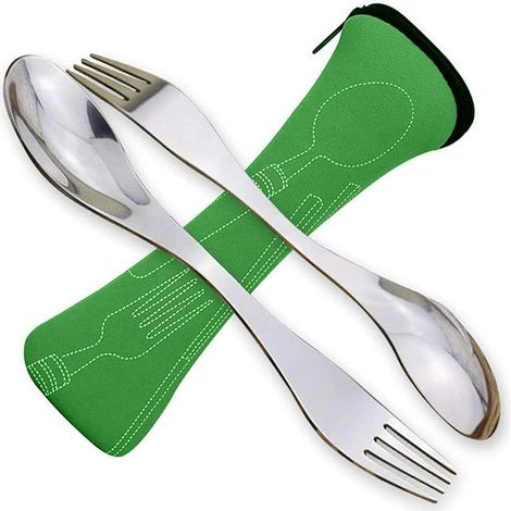 Couvert Camping Fourchette Cuillere Inox Portable Fourchettes de Table Adulte et Les enfants (Vert) (1/5)