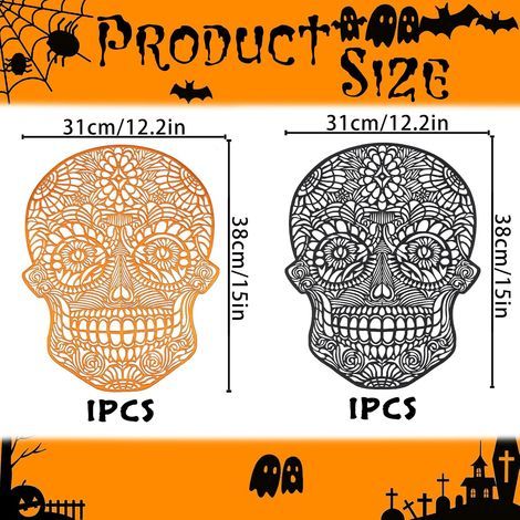Set aus 2 Halloween-Tischsets in Totenkopfform, aus PVC, 31 x 38 cm, orange und schwarz, abwaschbar, hitzebeständig, rutschfest und durchbrochen, perfekt zum Dekorieren eines Partyessens. (1/5)