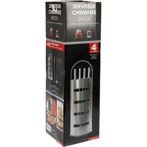 Serviteur de cheminée, serviteur bois cheminée - Support + 4 accessoires : pelle, tisonnier, balai et pince - En inox - Hauteur: 66cm - Poids: 2,4kg - Idéal pour l'entretien de votre cheminée (1/5)