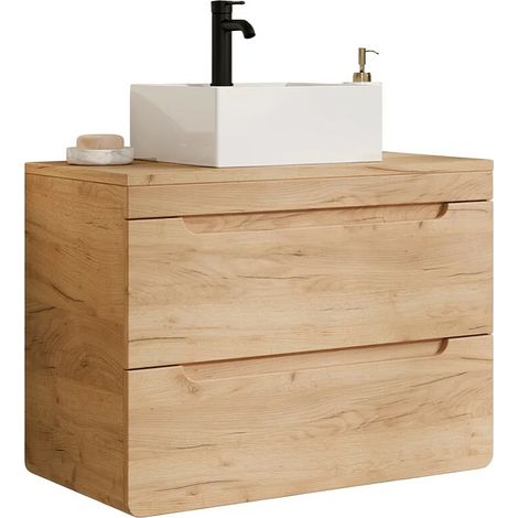 Mobile per bagno sospeso e lavabo da appoggio quadrato 80 cm Naturale - ARUBA (1/5)