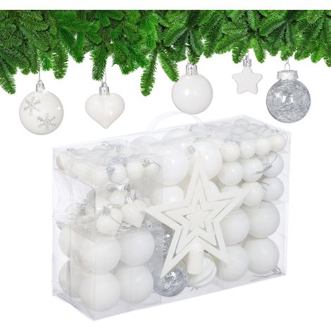 Boules de Noël, Lot de 101, en Plastique, décoration de Sapin, cœurs, étoiles et cimier, Blanches (1/5)