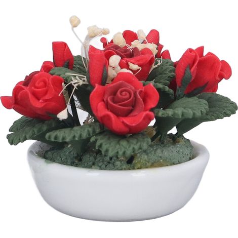 Miniature Plante Artificielle Rose Rouge pour Maison de Poupée 1:12 - Décoration DIY (1/5)