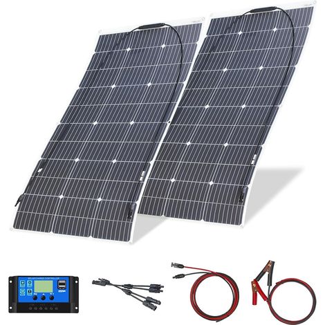 200W Flexible Panneau Solaire Kit Monocristallin avec contrôleur 20A Sortie USB pour charger les Batteries 12V 24V (gel AGM ventilé) pour camping-car, caravane, bateau, toits (1/5)