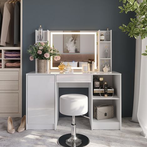 Coiffeuse Sherry, blanc/blanc brillant, 128.2cm avec miroir LED et tabouret, Vicco (1/5)