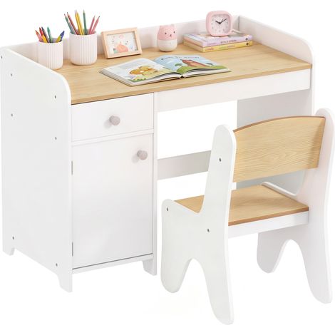Bureau enfant avec chaise - ZONEKIZ - tiroir, placard et large plateau - pour 3 à 6 ans - bois - 80 x 39 x 59 cm - blanc