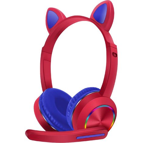 Casque Bluetooth, casque sans fil, casque à oreilles de chat avec lumière LED, microphone intégré, cadeau informatique adorable et confortable (rouge)