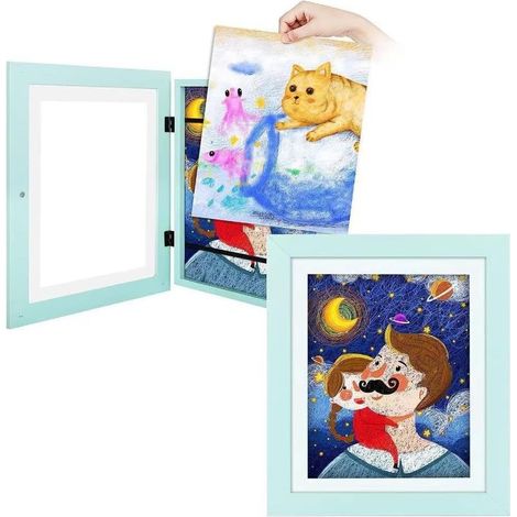 Cadre Dessin Enfant à Changer, Cadre a Dessin Enfant A4 Ouverture Avant, Cadre Photo d'art pour Enfants Pliable à Remplir pour le Rangement et la PréSentation des Dessins d'enfants, Bleu (1/5)