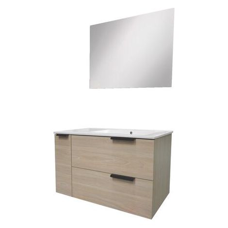ONDEE - Mueble de baño suspendido colección ROBIN. Lavabo de cerámica extra plano 20mm - 2 Cajones cierre progresivo y apertura total - Espejo incluido - Entregado en kit - Ancho 90cm - melamina Robl