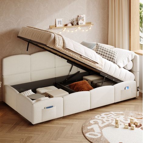 Letto contenitore 90x200 cm, divano letto multifunzione con ricarica USB-A e USB-C, tessuto bouclé beige (1/5)