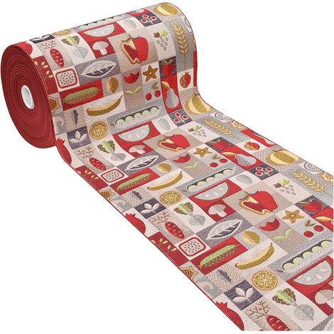 Tapis De Cuisine Absorbant Bordure Antidérapant Fruits et Légumes Lavable Bordeaux - 52x190 Cm