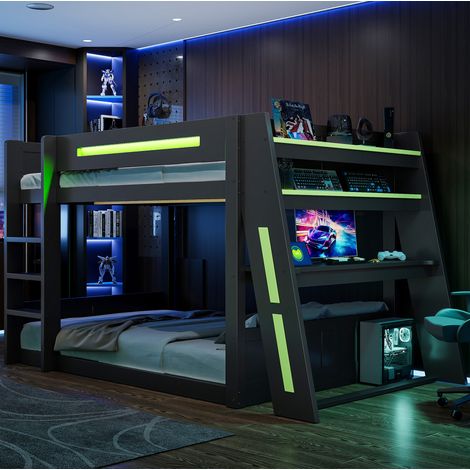 Cama alta de 140x200 cm en pino y MDF negro y verde, con escritorio, LED, USB y 2 estantes.