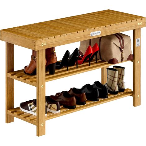 CASARIA® Banco para Zapatos Estantería Zapatero Multiuso de Madera de Acacia Maciza Marrón Certificación FSC® 3 Niveles hasta 160 Kg XL - 90x32x46cm (1/7)