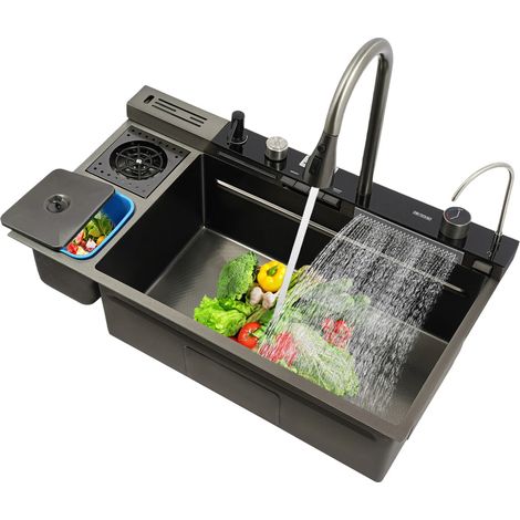 Luxuriöses, multifunktionales Spülbecken-Set, grau, Edelstahl-Wasserfallspüle, Einzelbecken-Küchenspüle für Gastronomiebetriebe, Serviceräume, Garagen, 82 x 48 x 23 cm