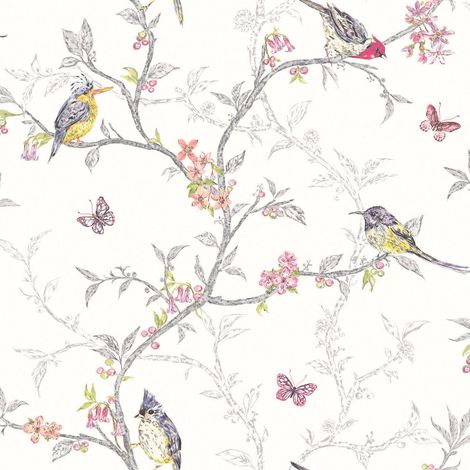 Floral Butterfly Wallpaper White Colourful Multi Color Birds Trees Holden Decor (1/4)