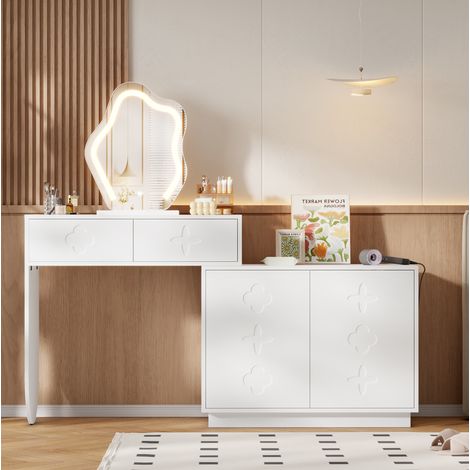 Schminktisch 160x40x132 cm Weiß aus MDF, Glas und Spanplatte mit LED-Spiegel, 2 Schubladen und verstellbarem Seitenschrank (1/5)