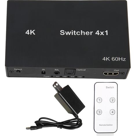 Sélecteur HDMI 4Kx2K 4x1 avec télécommande IR, contrôle clavier/souris, commutateur vidéo, prise US 100-240V, répartiteur. (1/5)