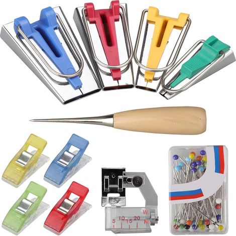 Bias Tape Tool Kit, Fabric Bias Tape Maker Tool, Fabric Bias Tape Making Kit with Sewing Awl, Beading Needles, Adjustable Clip, Presser Feet (1/5)