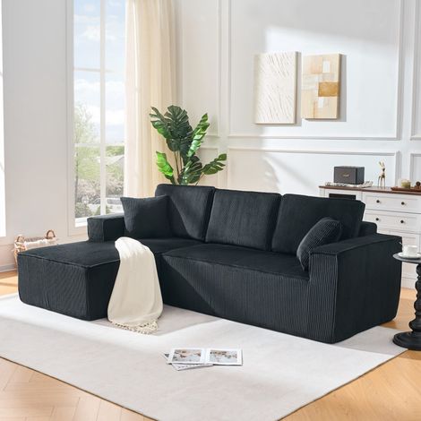 Divano angolare modulare a L in velluto a coste - 235x128x60 cm - Divano a 3 posti con chaise longue e imbottitura ad alta densità - Nero