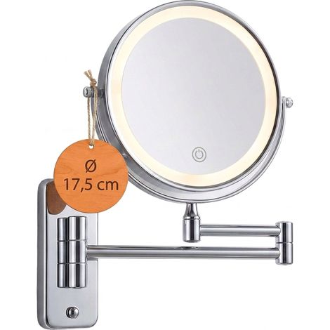 Relaxdays Kosmetikspiegel Wand, mit LED-Beleuchtung, 10-fach, 360° drehbar, Ø 17,5 cm, Metall, Akku mit USB, silber (1/5)