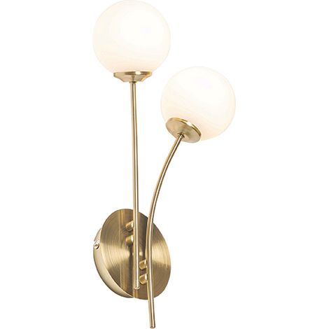 QAZQA Moderno Aplique moderno dorado con cristal opalino 2-luces - Athens Acero /Vidrio Redonda Adecuado para LED Max. 2 x 28 Watt