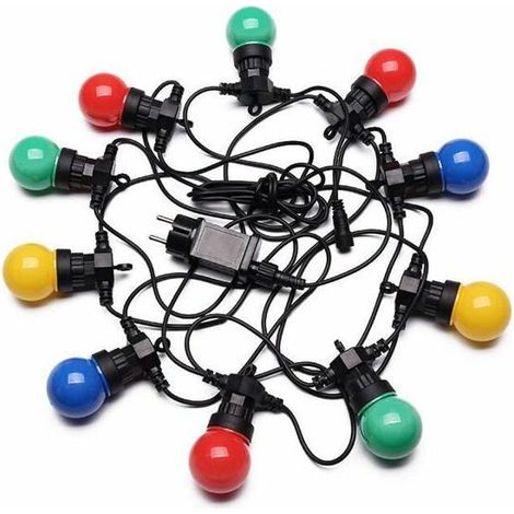 10 ampoules, guirlande guinguette extérieure 5 m, multicolore IP65, avec douilles E27, pour terrasse et mariage