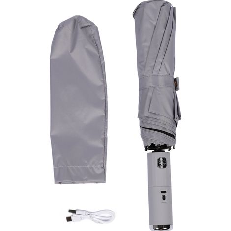 Ombrello-ventilatore portatile completamente automatico, in tessuto adesivo nero, a doppio uso, con 10 stecche, pieghevole, grigio, ideale per giornate di sole o pioggia. (1/5)