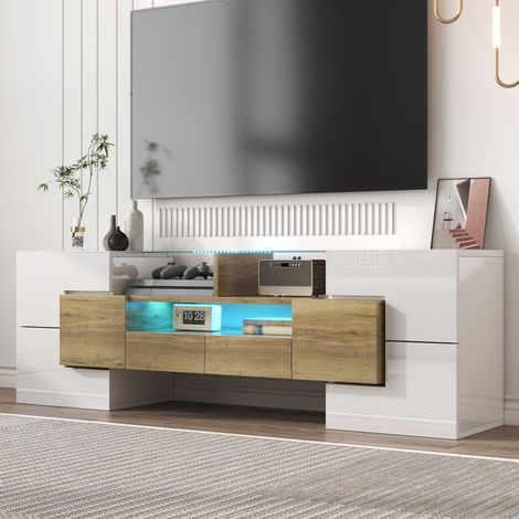Meuble TV blanc brillant, 145 cm, avec éclairage LED, 6 portes et 2 tiroirs, design moderne, meuble de salon