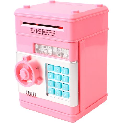 Coffre-fort factice pour enfants, boîte à monnaie rose avec serrure à code (1/5)