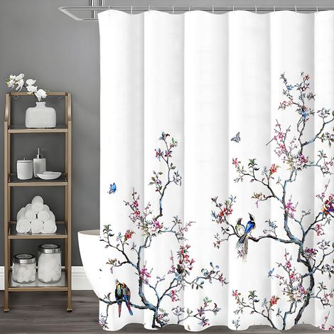 Rideau de douche à motif floral et oiseaux blancs 180 cm × 180 cm, en tissu anti-moisissure, unisexe, avec 12 crochets, lavable et à séchage rapide. (1/5)